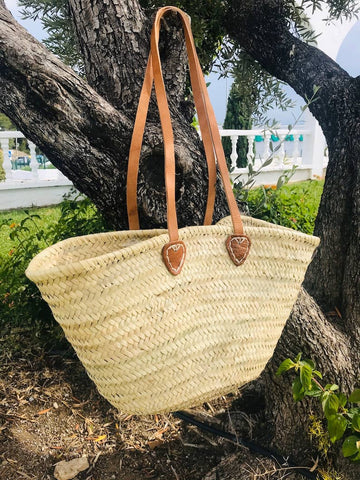 STRAW BAG Handmade with leather, Straw beach basket