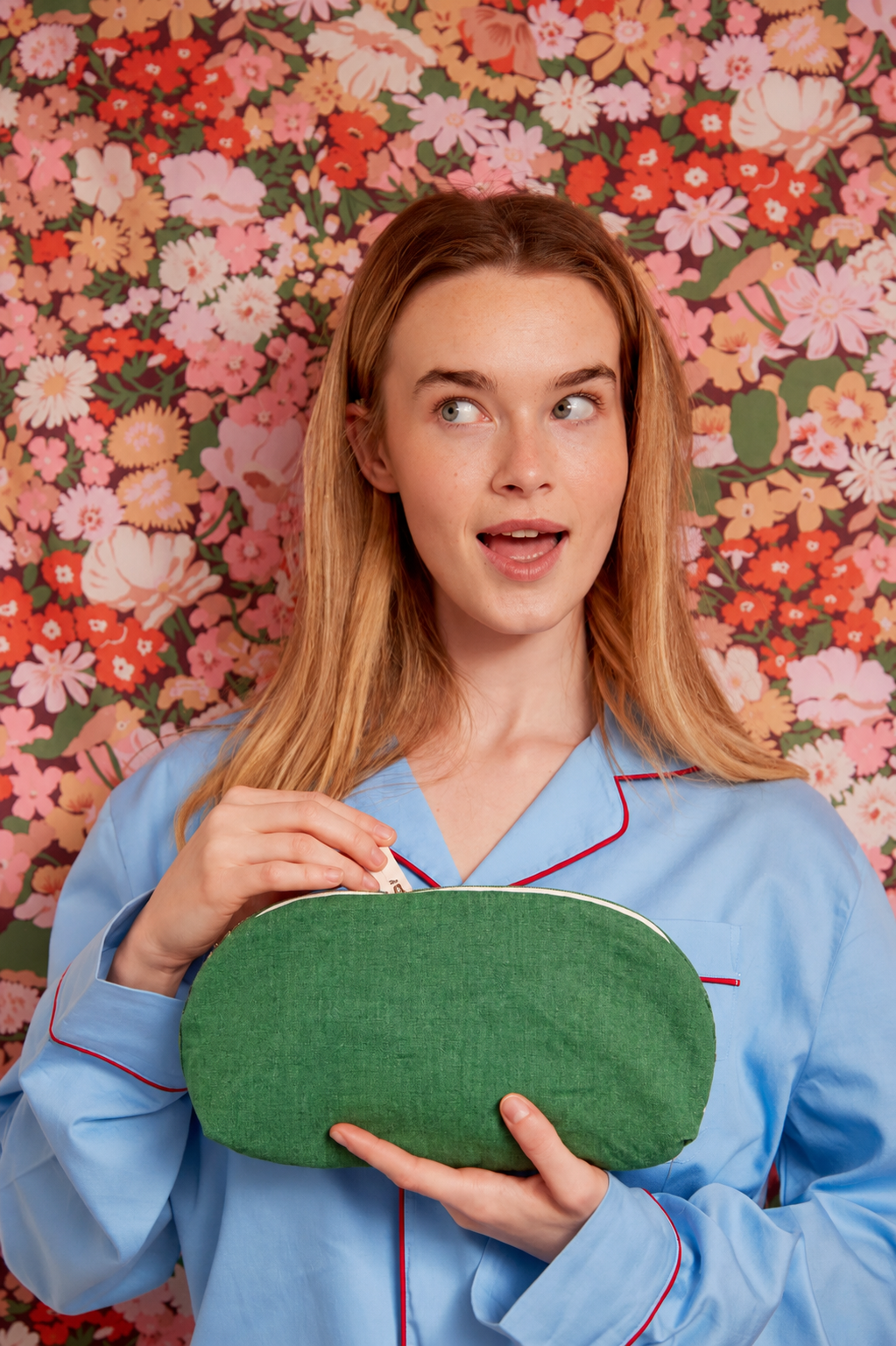 Green Linen Make Up Bag with Liberty Fabric Lining
