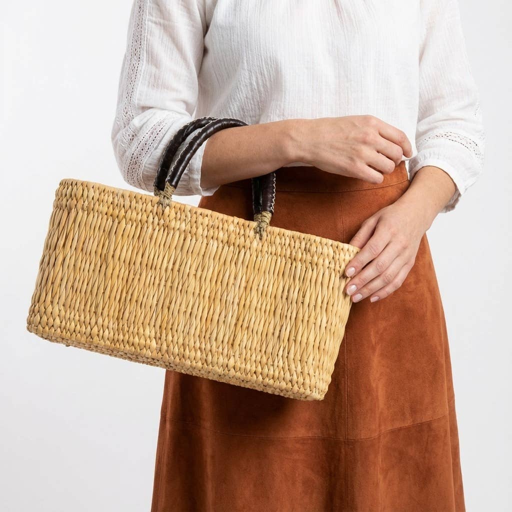 Woven Reed Market Basket - Leather Handle Tote Basket