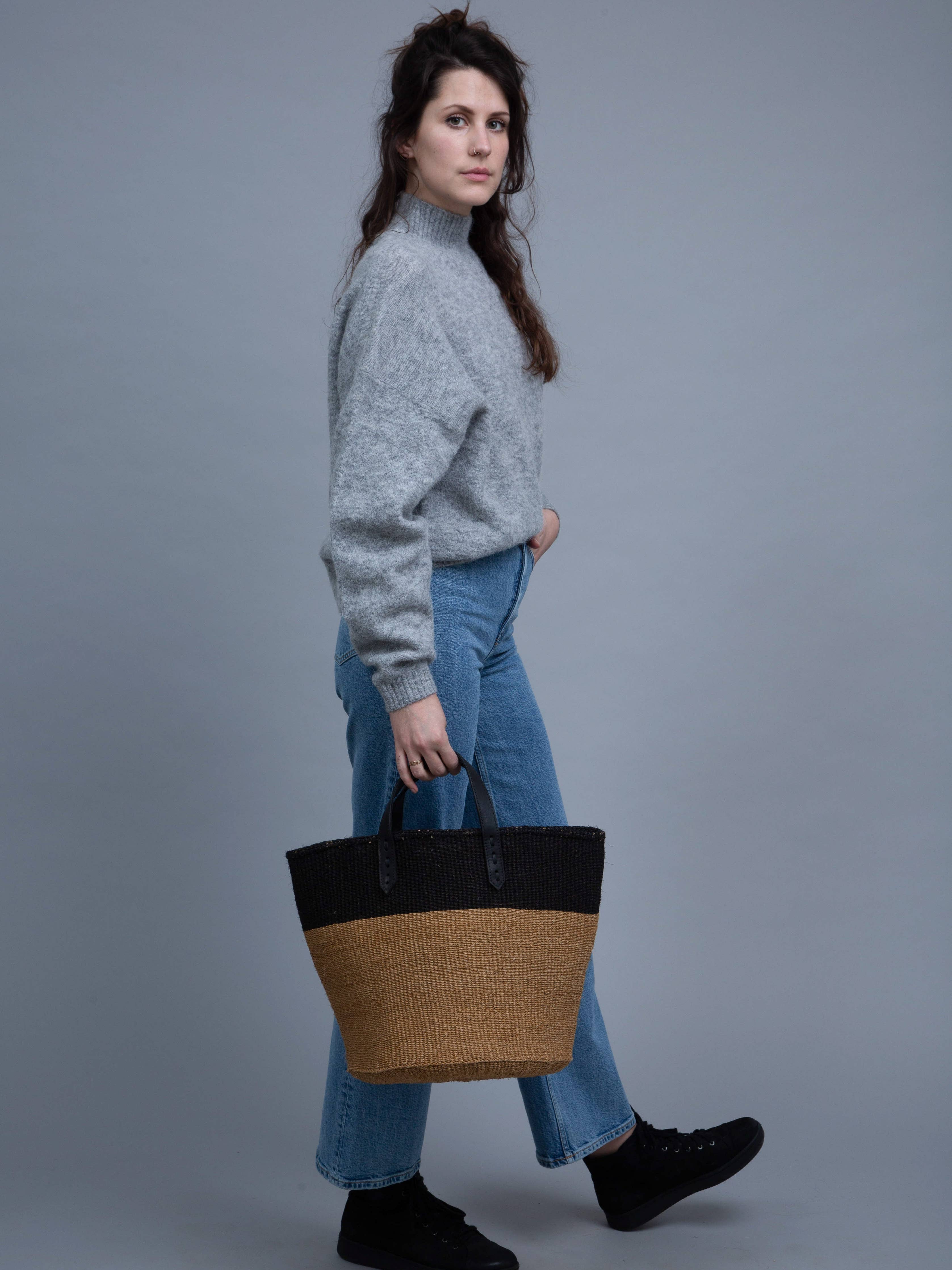 HIMIZA: Black & Khaki Sisal and Leather Shopper