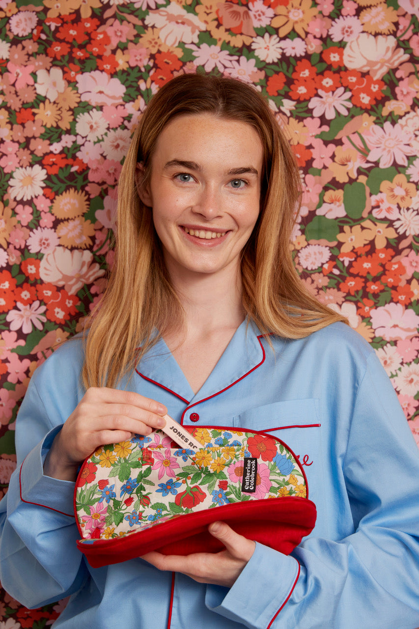 Red Linen Make Up Bag with Liberty Fabric Lining