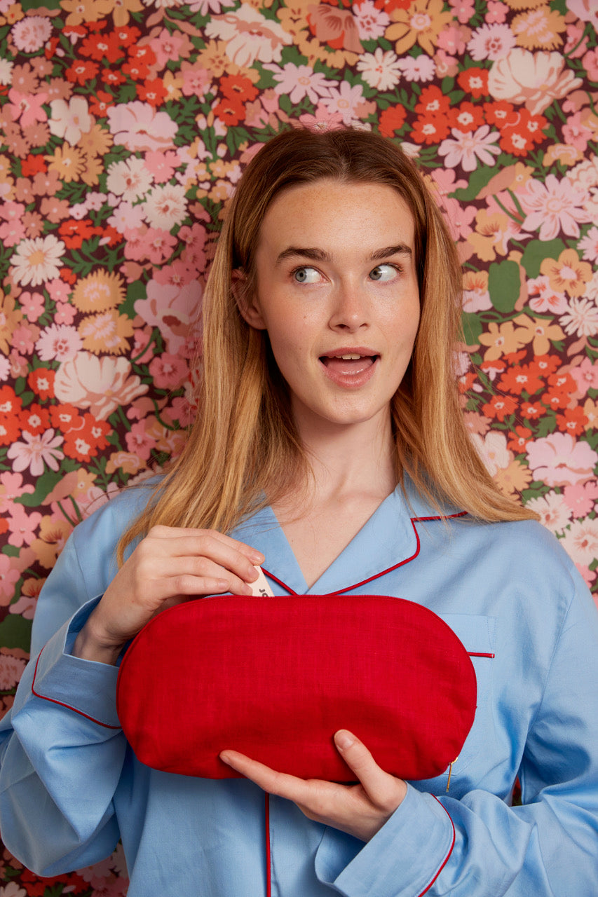 Red Linen Make Up Bag with Liberty Fabric Lining