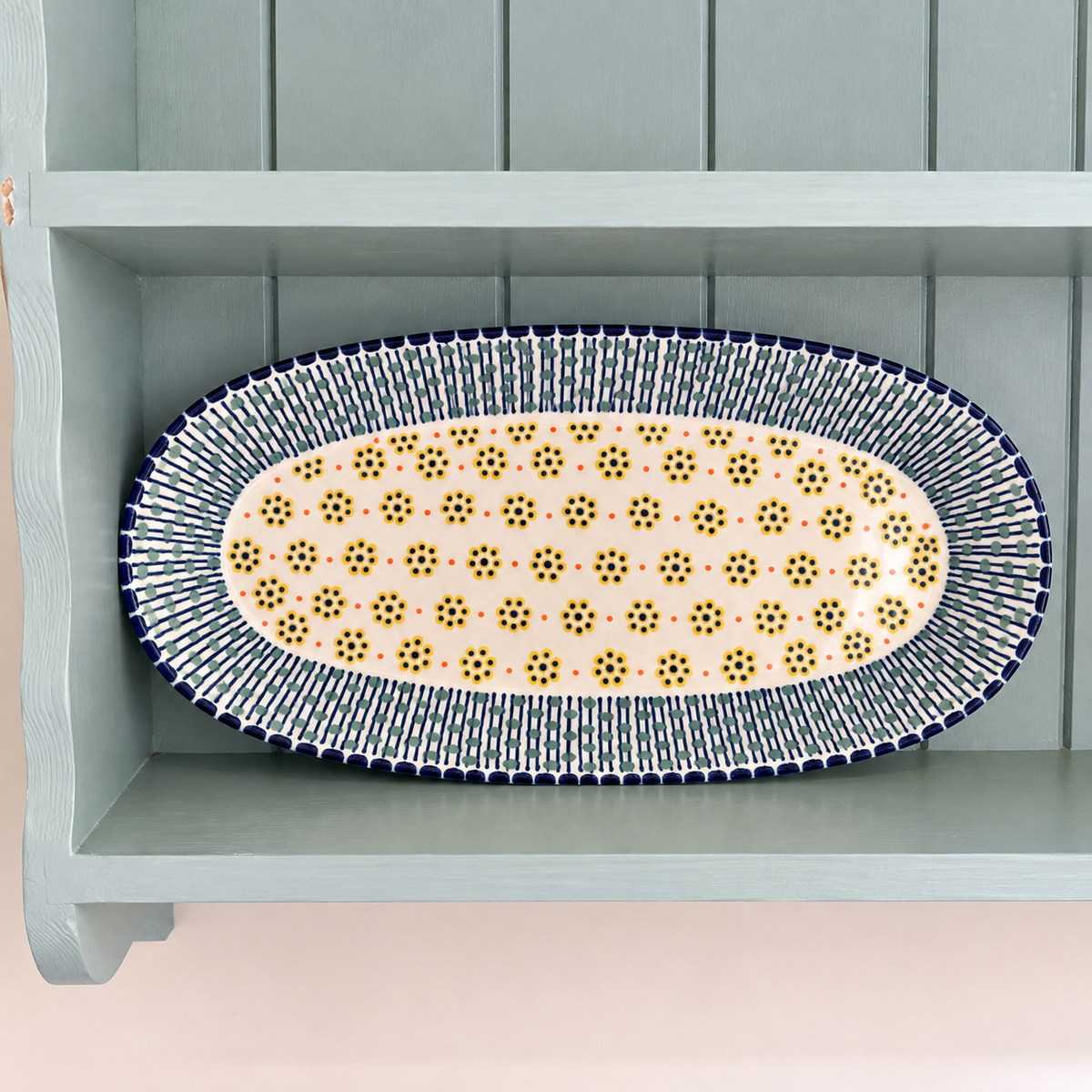 Potterswork Alice Plate - Navy Blue with Sage Dots