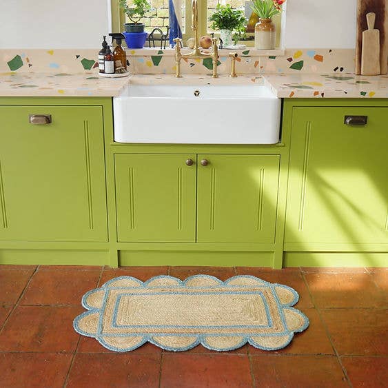 Constance and Denny's Teal scalloped jute floor mat