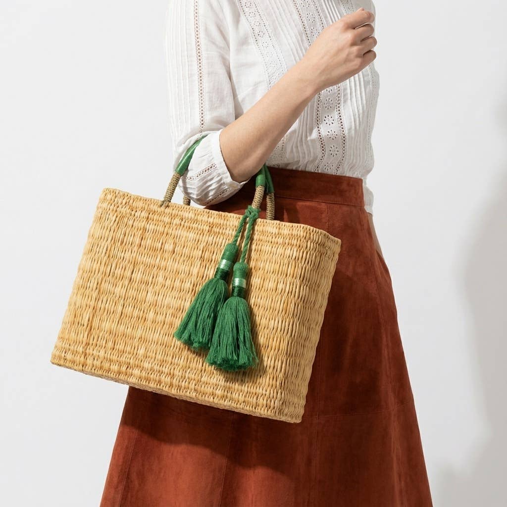 Woven Reed Market Basket - Leather Handles & Tassels: Green