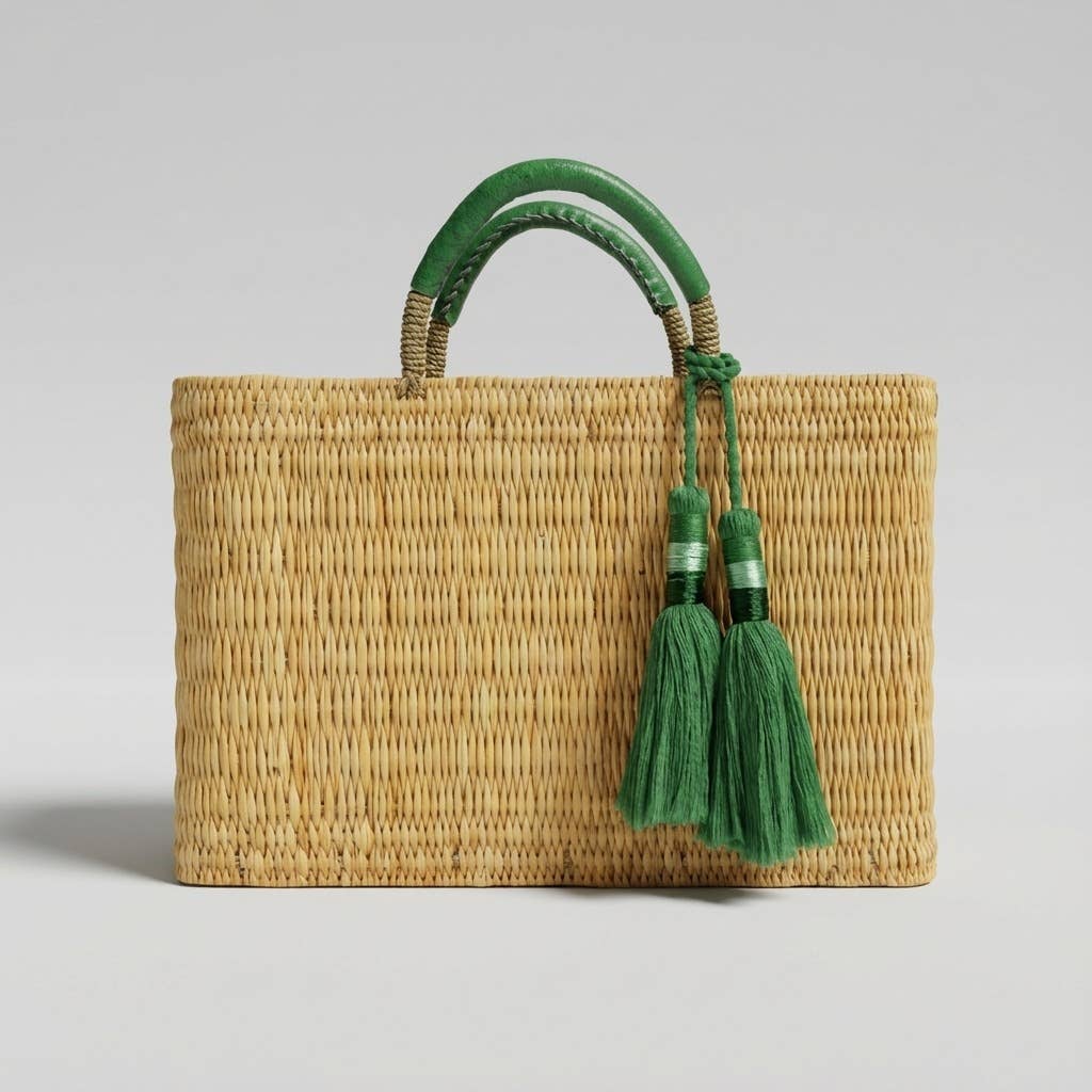 Woven Reed Market Basket - Leather Handles & Tassels: Green
