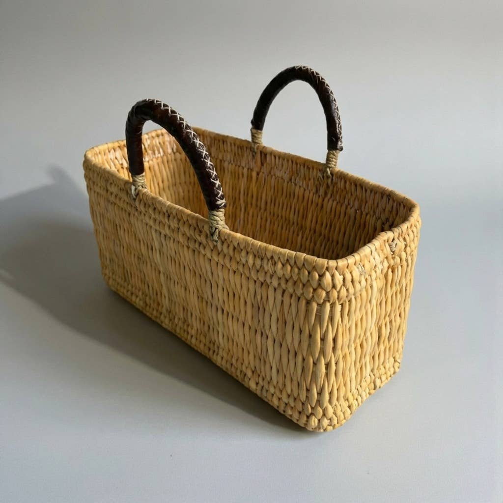 Woven Reed Market Basket - Leather Handle Tote Basket