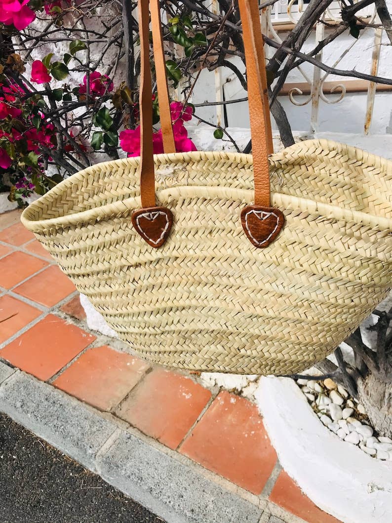 STRAW BAG Handmade with leather, Straw beach basket