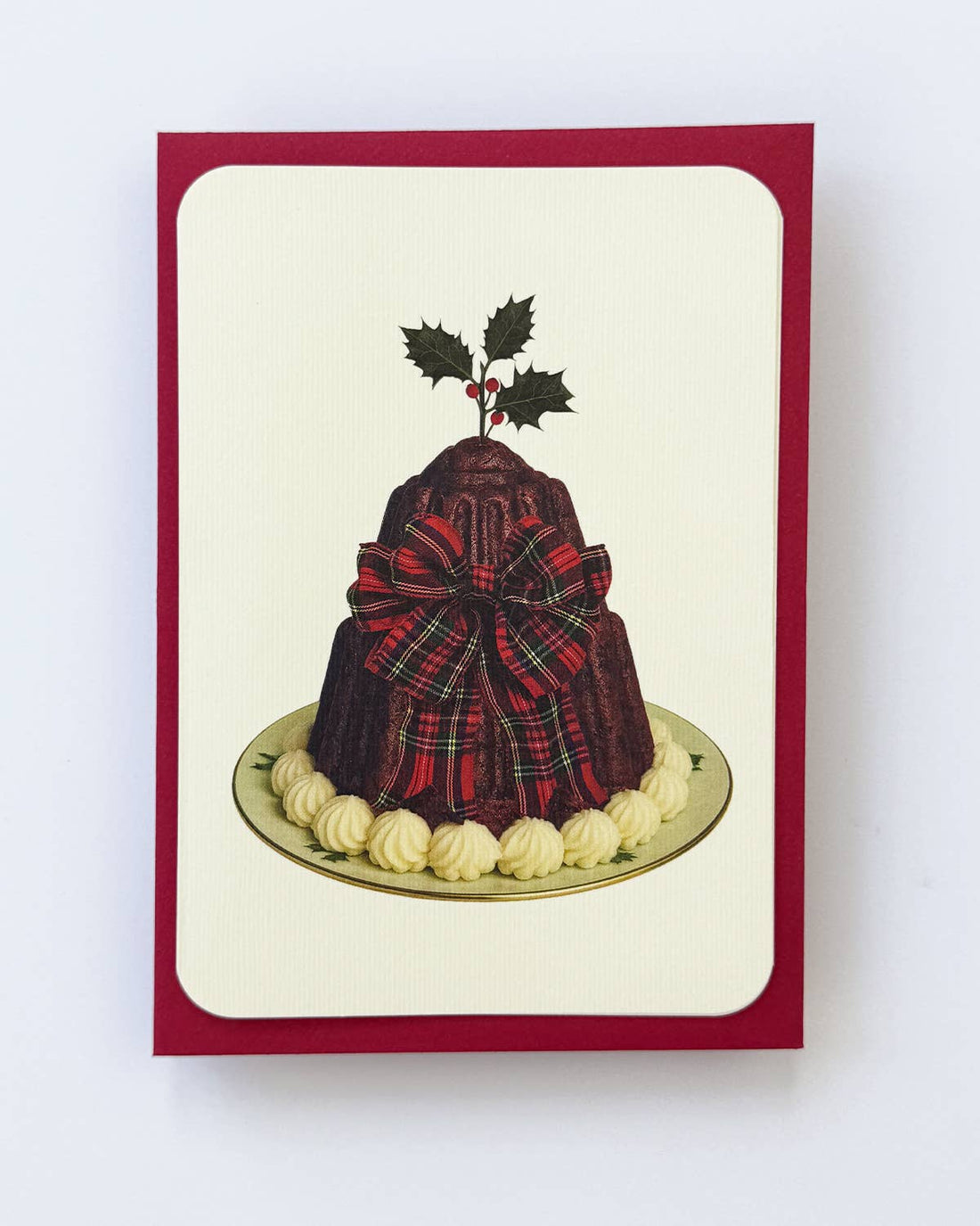 Christmas Plum Pudding Red Tartan Bow Greeting Card | Luxury