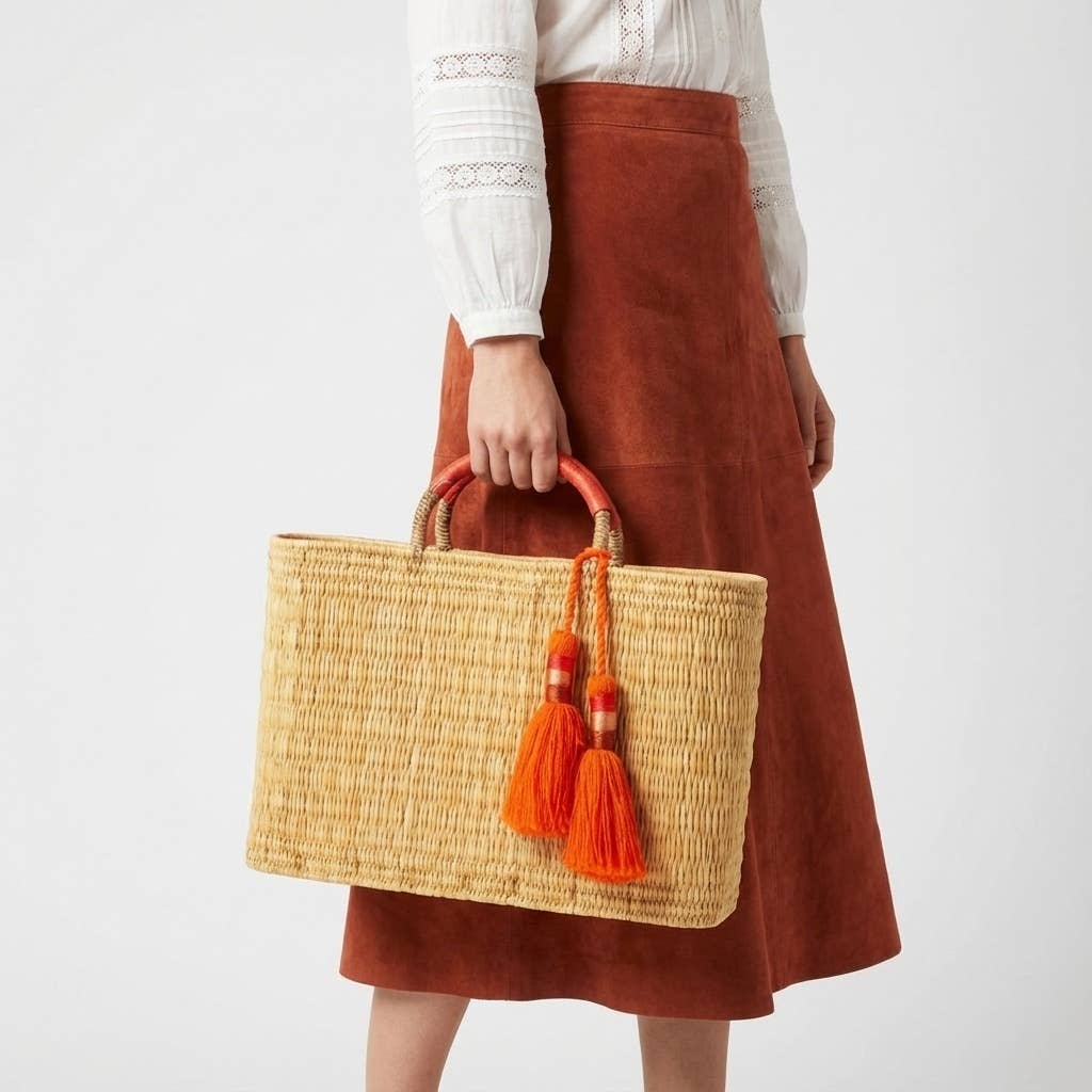 Woven Reed Market Basket - Leather Handles & Tassels: Orange