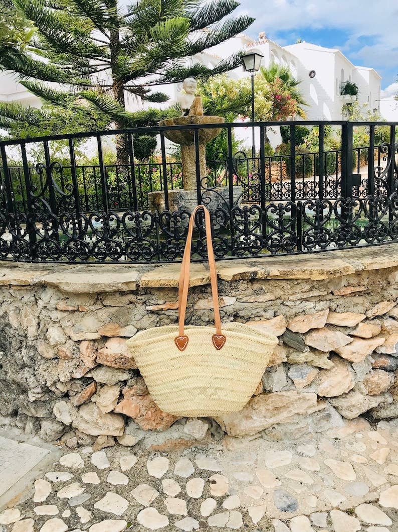STRAW BAG Handmade with leather, Straw beach basket