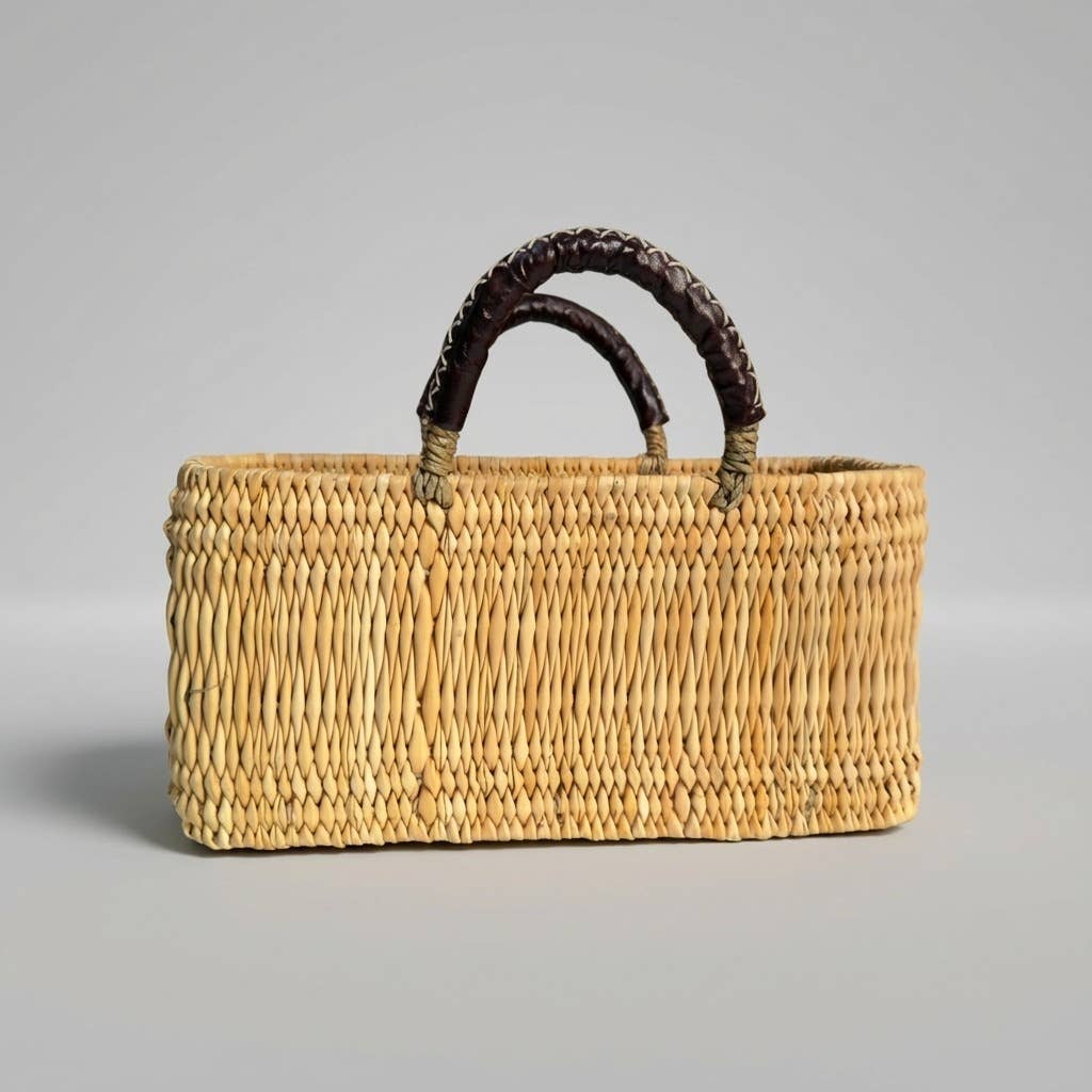Woven Reed Market Basket - Leather Handle Tote Basket