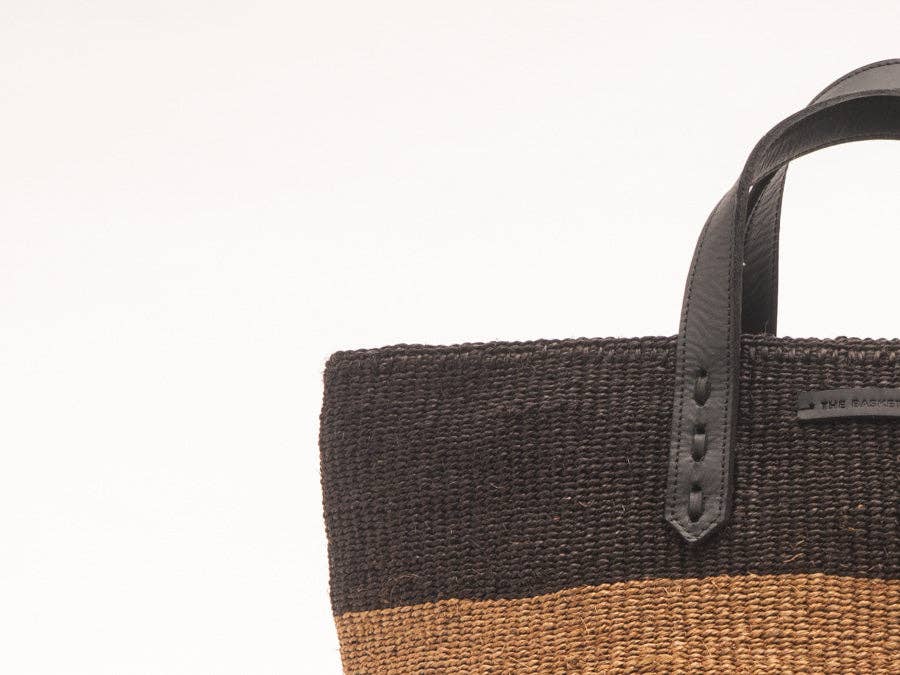 HIMIZA: Black & Khaki Sisal and Leather Shopper