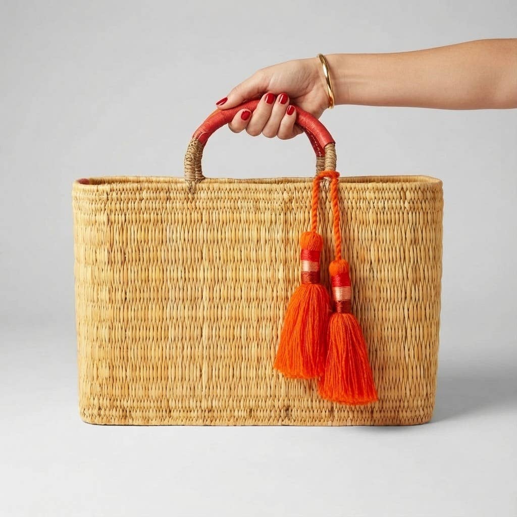 Woven Reed Market Basket - Leather Handles & Tassels: Orange