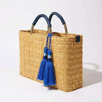Woven Reed Market Basket - Leather Handles & Tassels: Blue