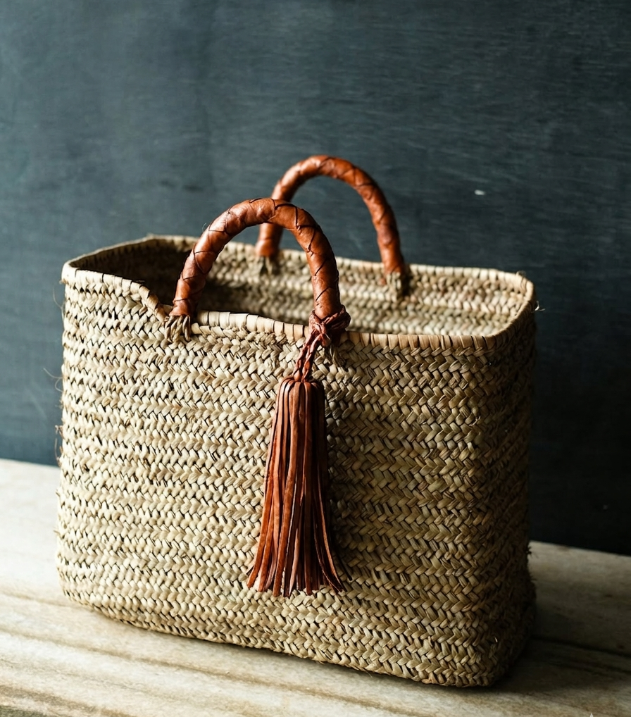Handwoven French Market Straw Bag with Leather Handles