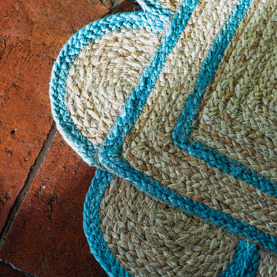 Constance and Denny's Teal scalloped jute floor mat