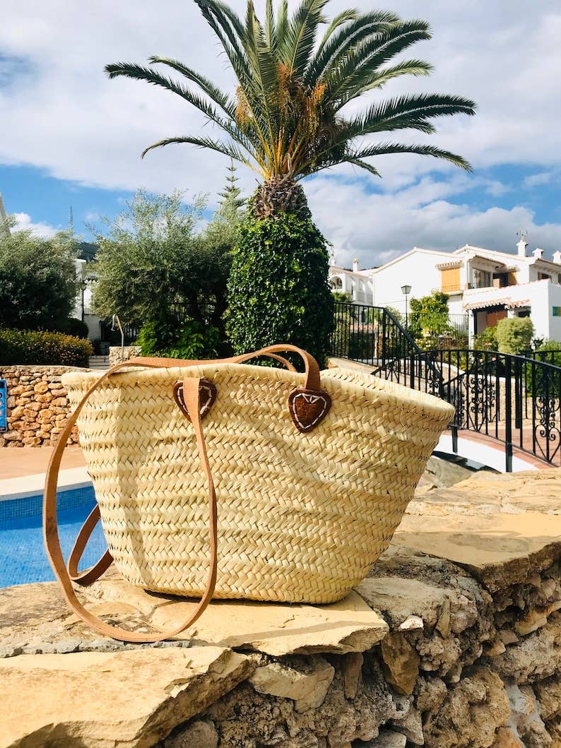 STRAW BAG Handmade with leather, Straw beach basket