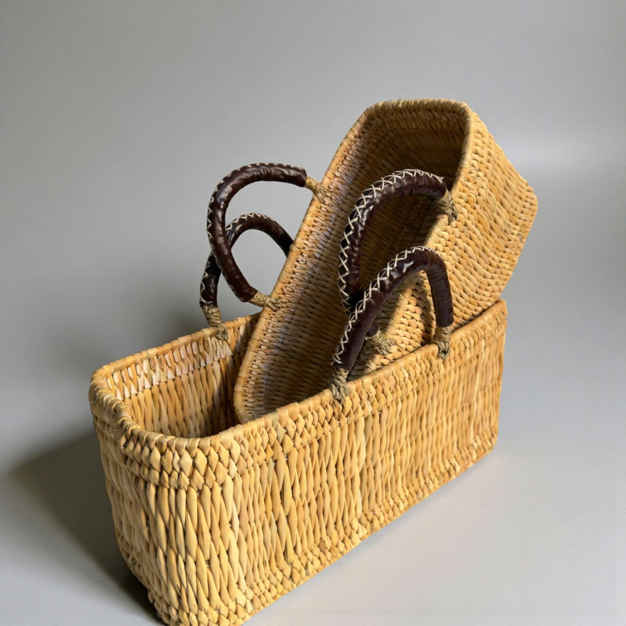Woven Reed Market Basket - Leather Handle Tote Basket