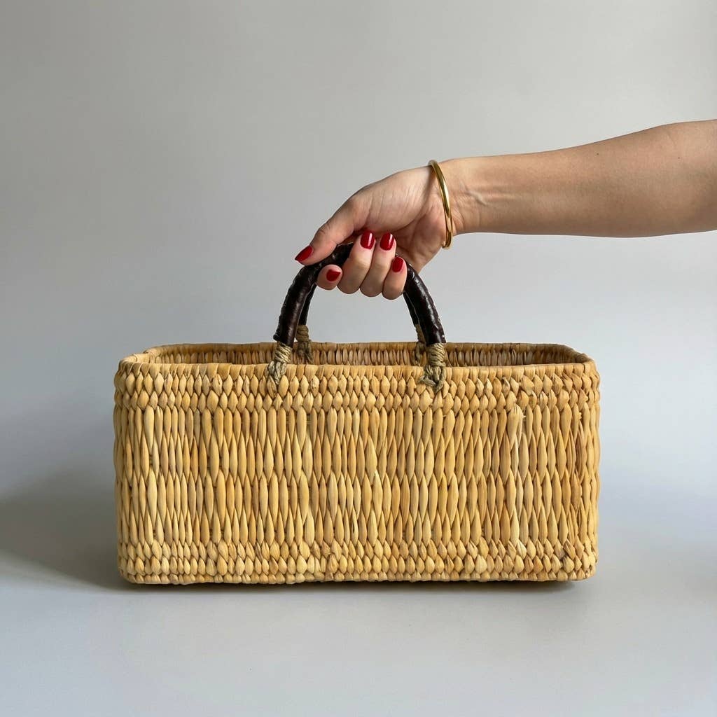 Woven Reed Market Basket - Leather Handle Tote Basket
