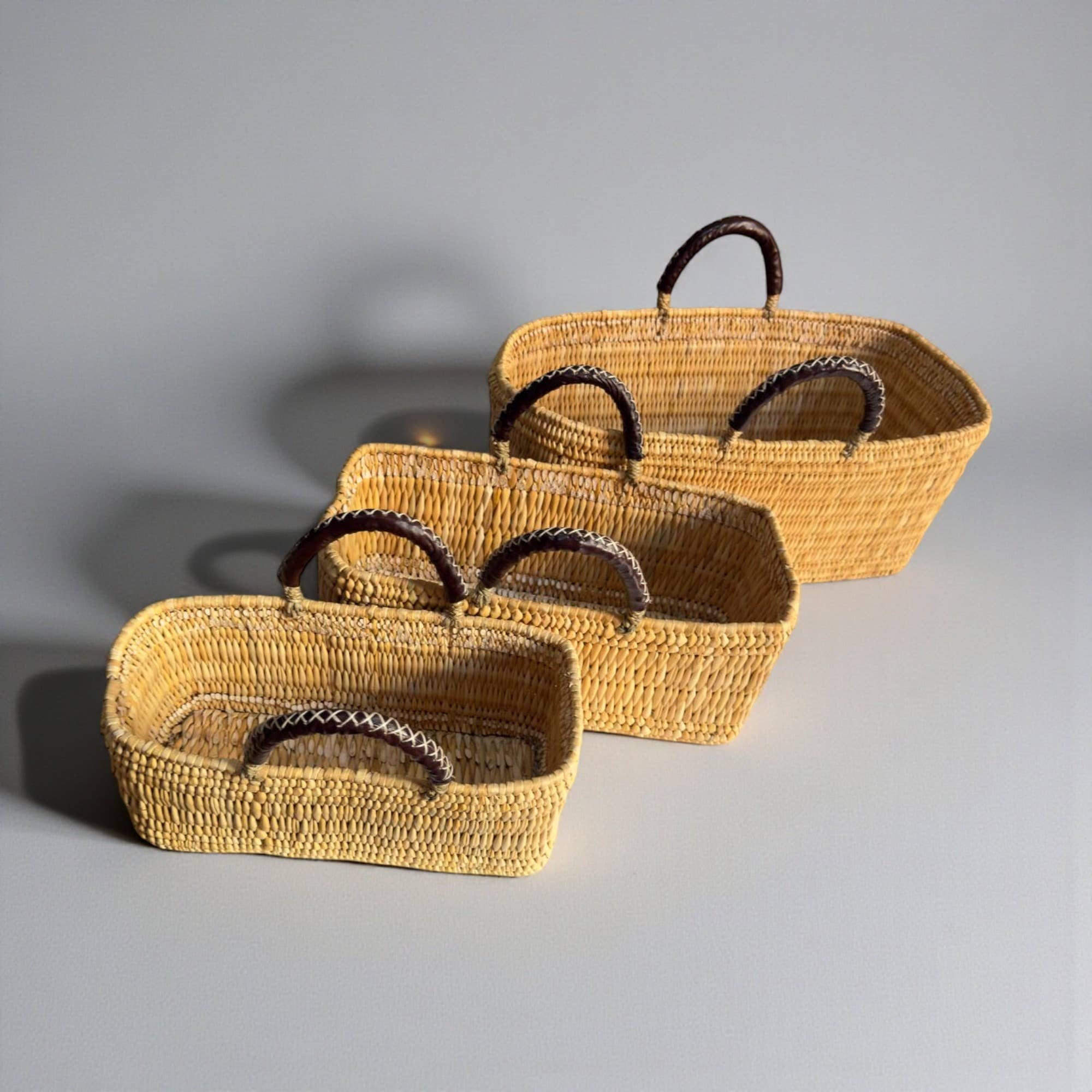 Woven Reed Market Basket - Leather Handle Tote Basket