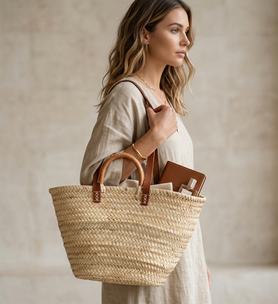 French Market Basket - Natural Handwoven Straw Tote