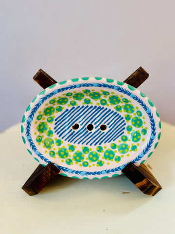 Potterswork Soap Dish - Pink with Green and Blue