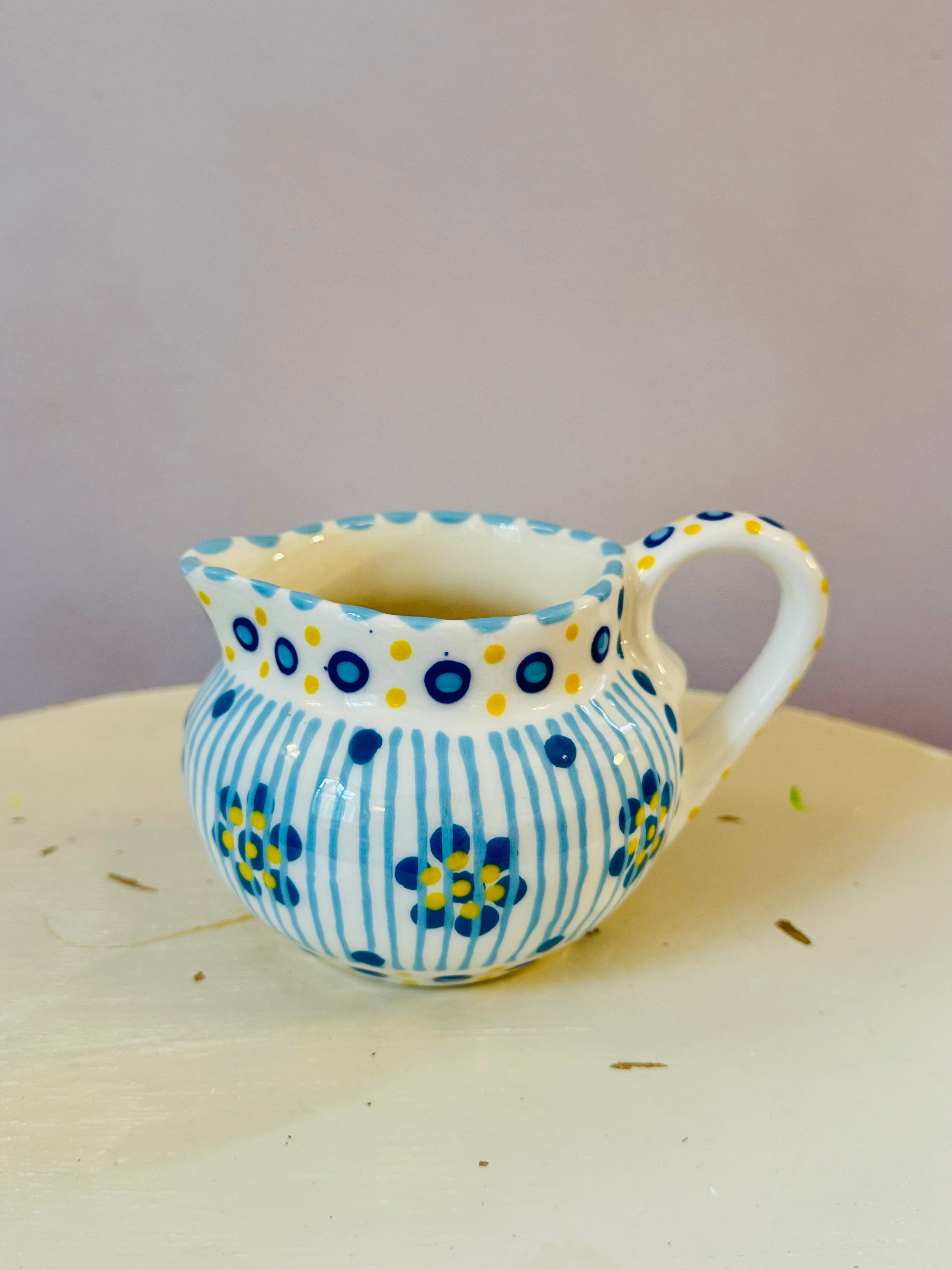 Potterswork Cutie Cream Jug - Blue with Yellow Dots