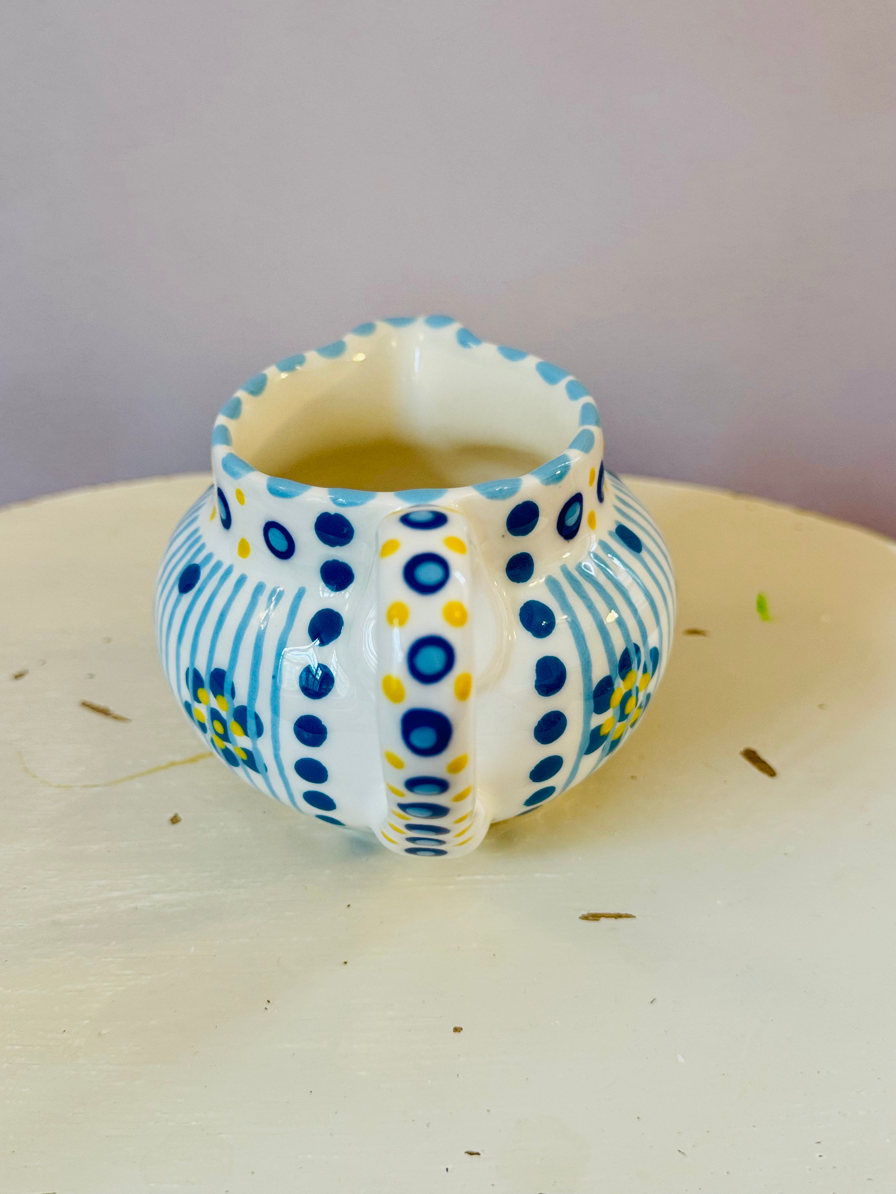 Potterswork Cutie Cream Jug - Blue with Yellow Dots