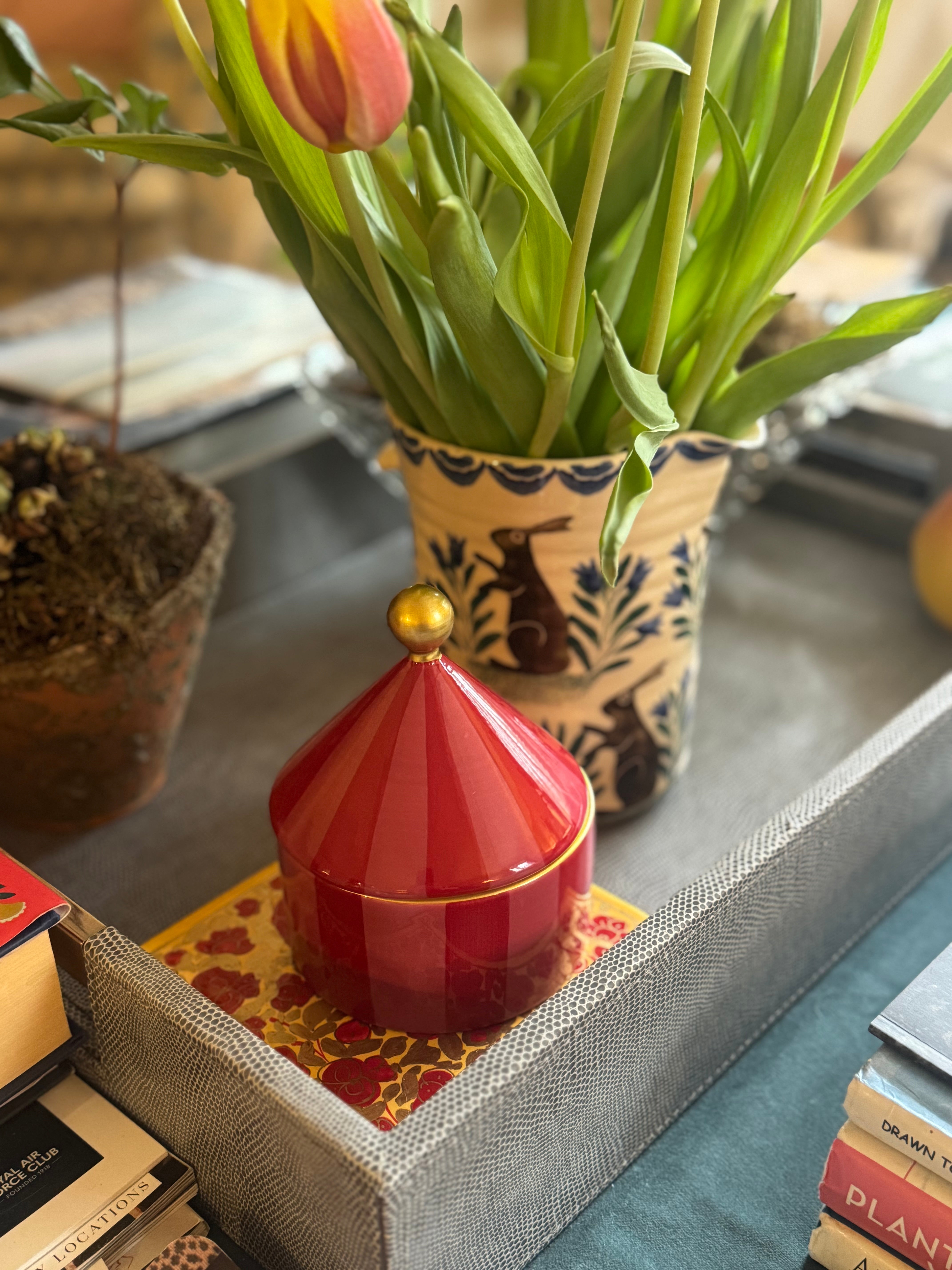 DesignWorks Ink Ceramic Trinket Box - Pink + Red Stripe