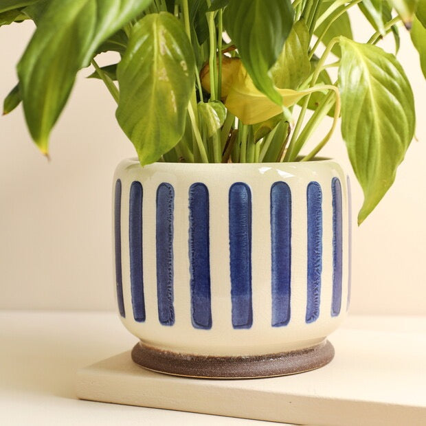 Stoneware Blue Stripe Planter - 18cm