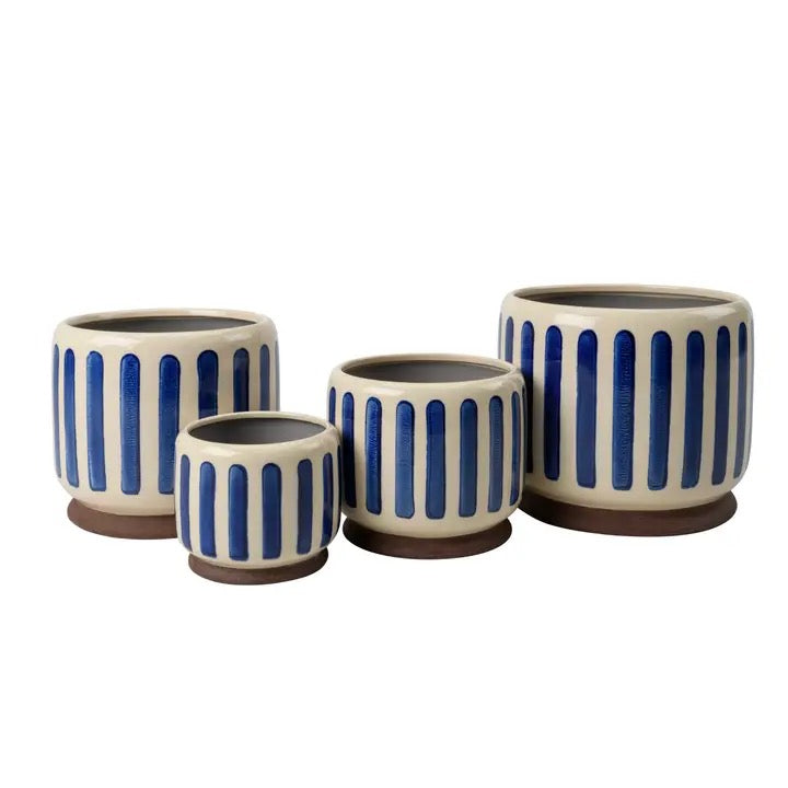 Stoneware Blue Stripe Planter - 16cm