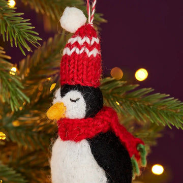 Penguin with Red Scarf and Christmas Hat Felt Decoration