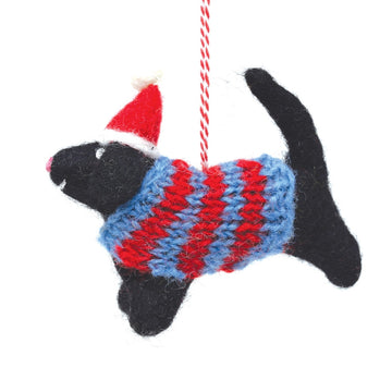 Festive Black Dog with Jumper and Christmas Hat Christmas Decoration