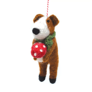 Festive Felt Dog with Mushroom Christmas Decoration