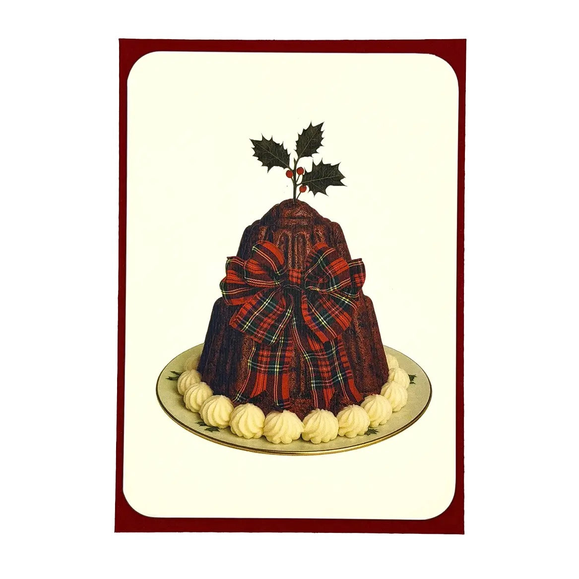 Plum Pudding with Red Tartan Velvet Bow Greeting Card