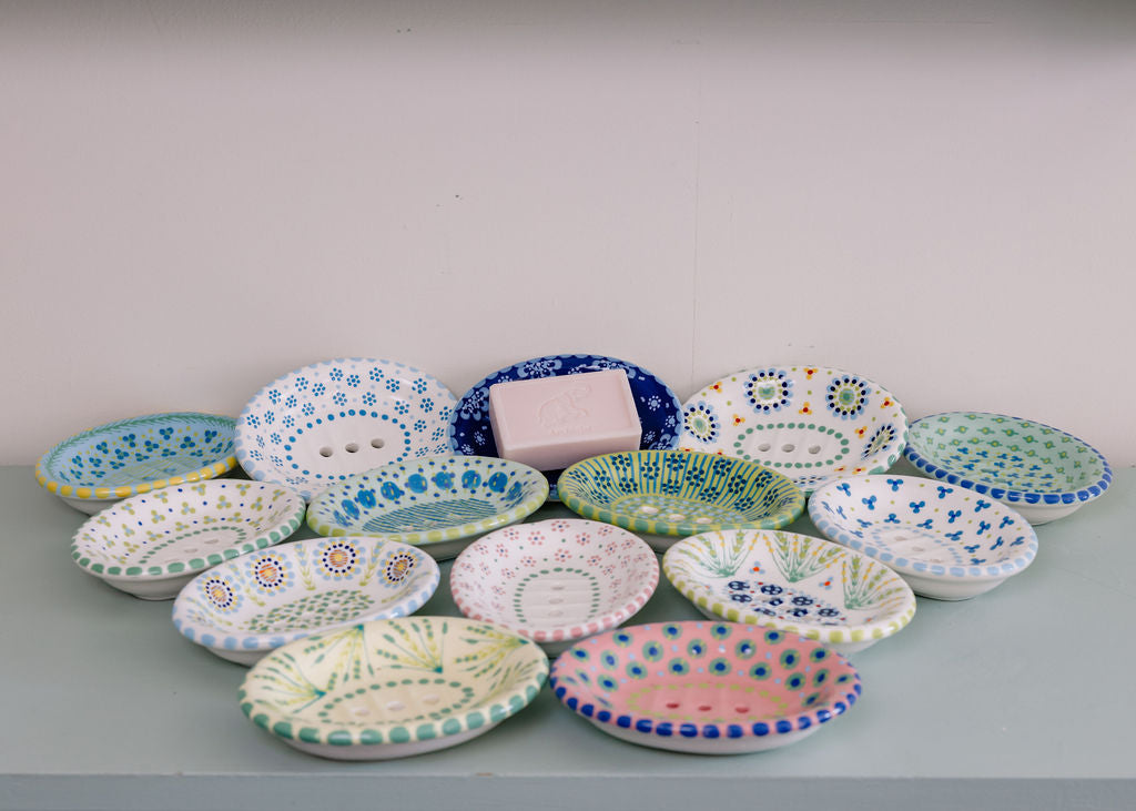 Potterswork Soap Dish - Pale Blue with Yellow Dotty Trim