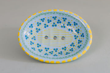 Potterswork Soap Dish - Pale Blue with Yellow Dotty Trim