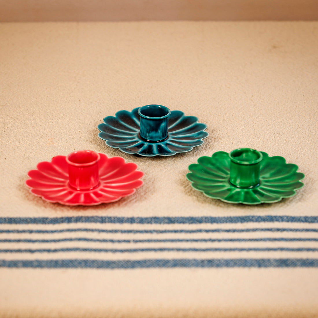 Enamel Flat Flower Candle Holder - Aqua