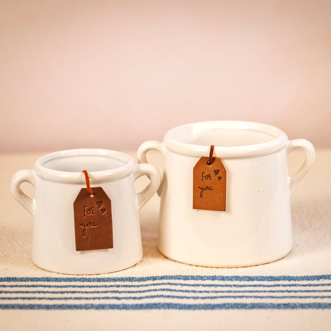 Elegant White Ceramic Herb Pot – With “For You” Tan PU Leather Tag