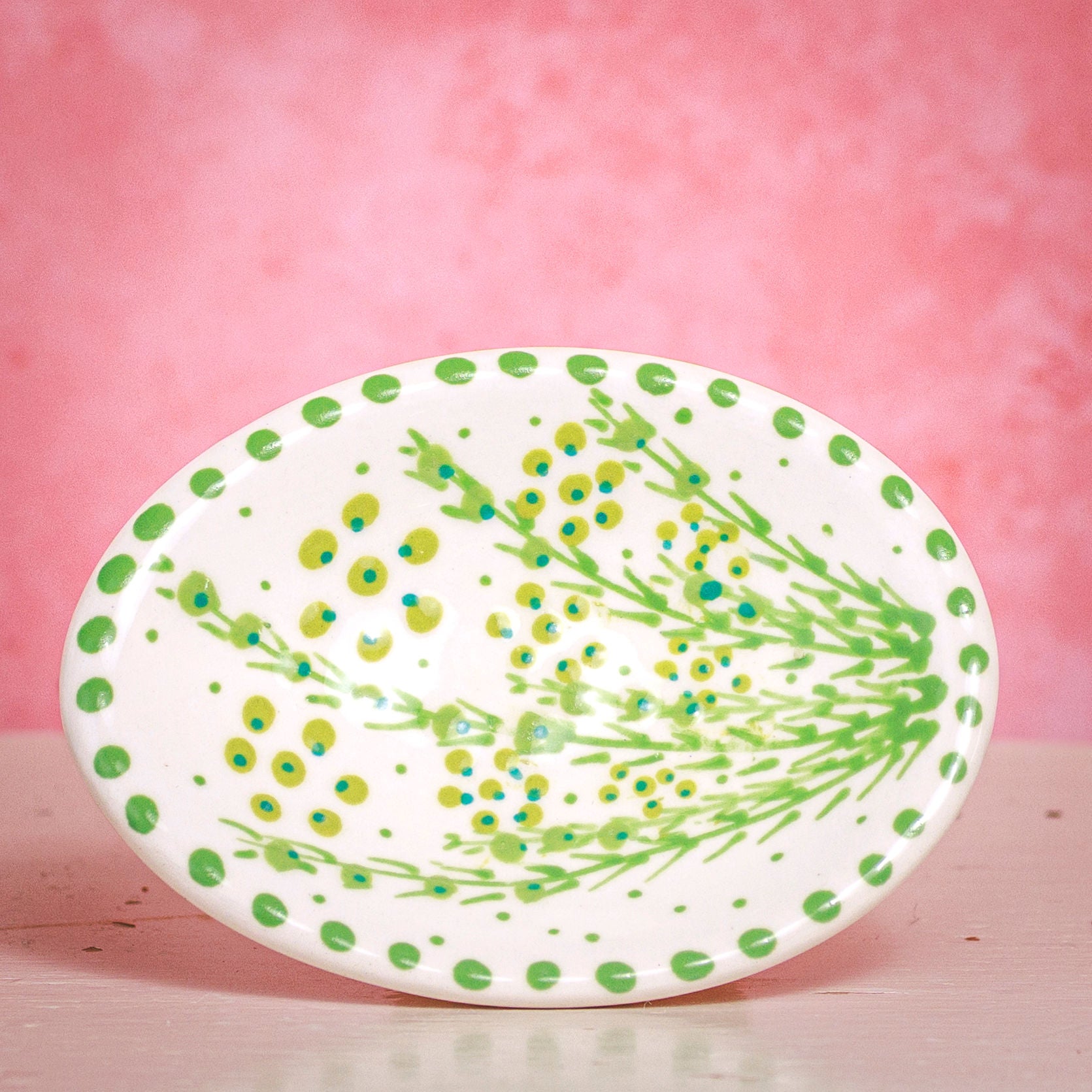 Oval Trinket Dish - White and Green Fronds