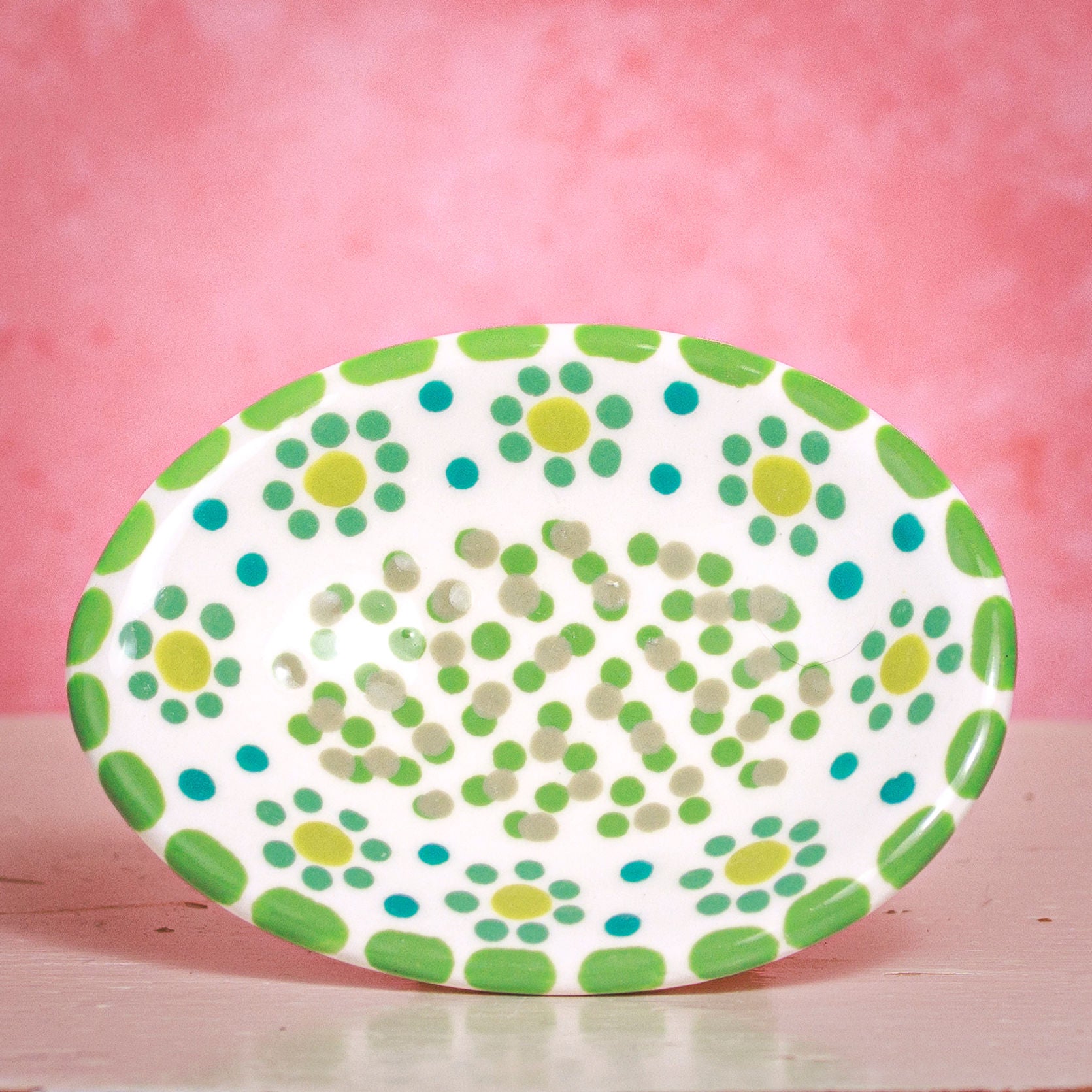 Oval Trinket Dish - White and Green Dots