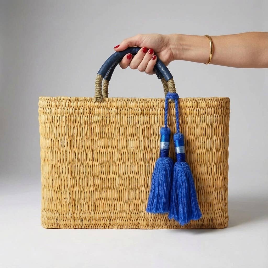Woven Reed Market Basket - Leather Handles & Tassels: Blue