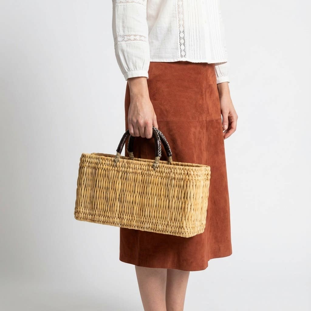 Woven Reed Market Basket - Leather Handle Tote Basket