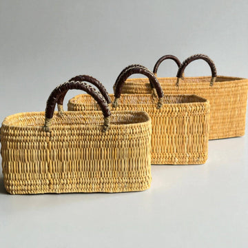 Woven Reed Market Basket - Leather Handle Tote Basket