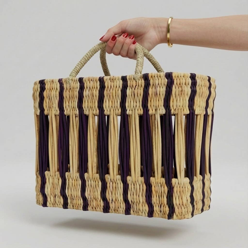 Two-Tone Reed Market Basket - Boho Woven Storage Tote Basket
