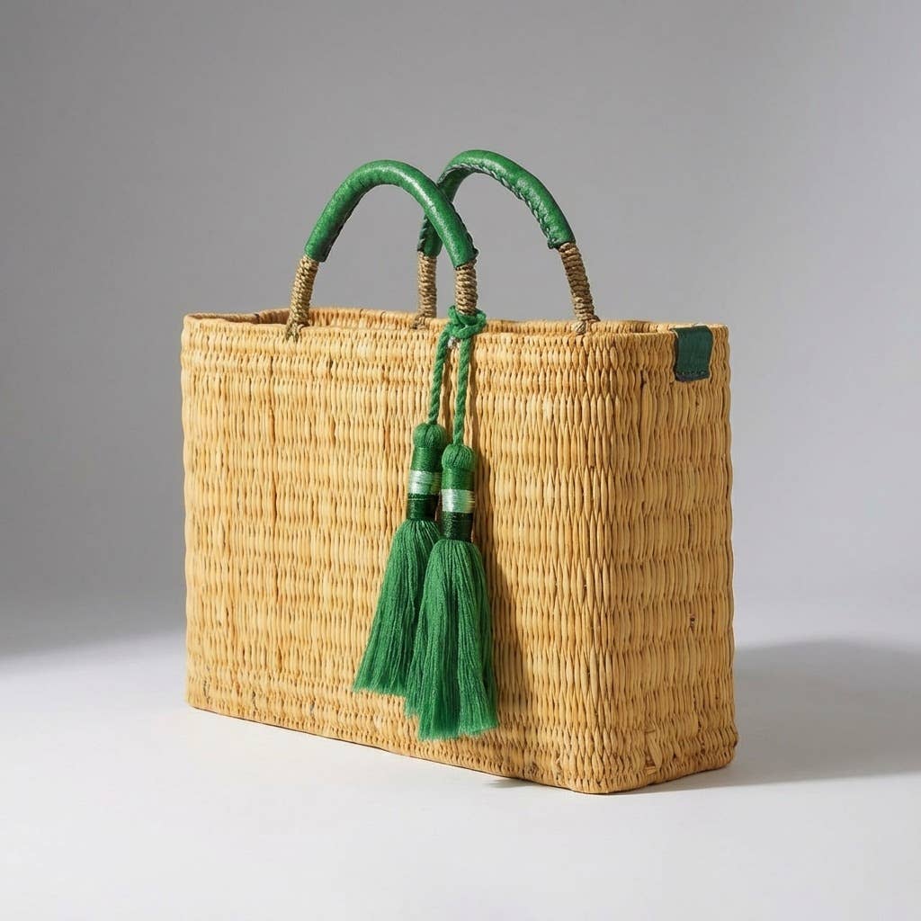 Woven Reed Market Basket - Leather Handles & Tassels: Green