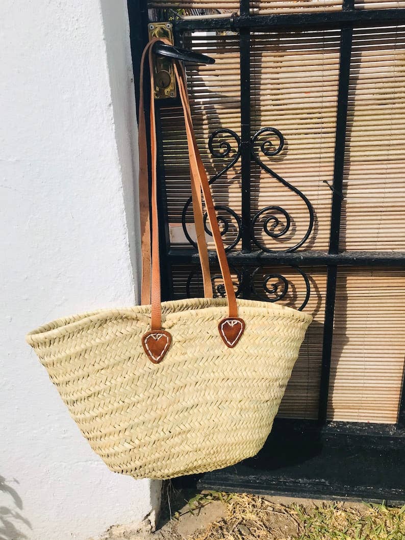 STRAW BAG Handmade with leather, Straw beach basket