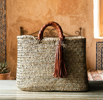 Handwoven French Market Straw Bag with Leather Handles