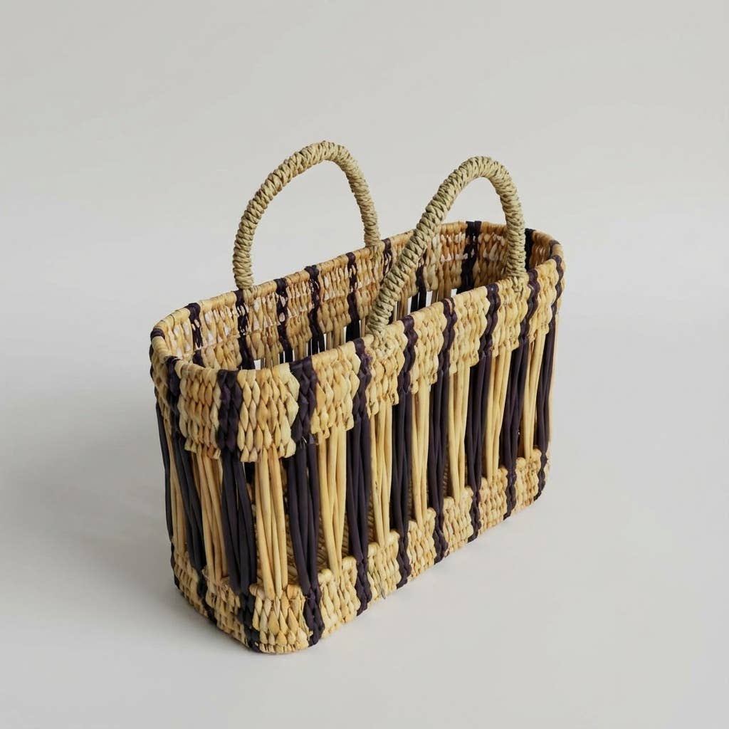 Two-Tone Reed Market Basket - Boho Woven Storage Tote Basket